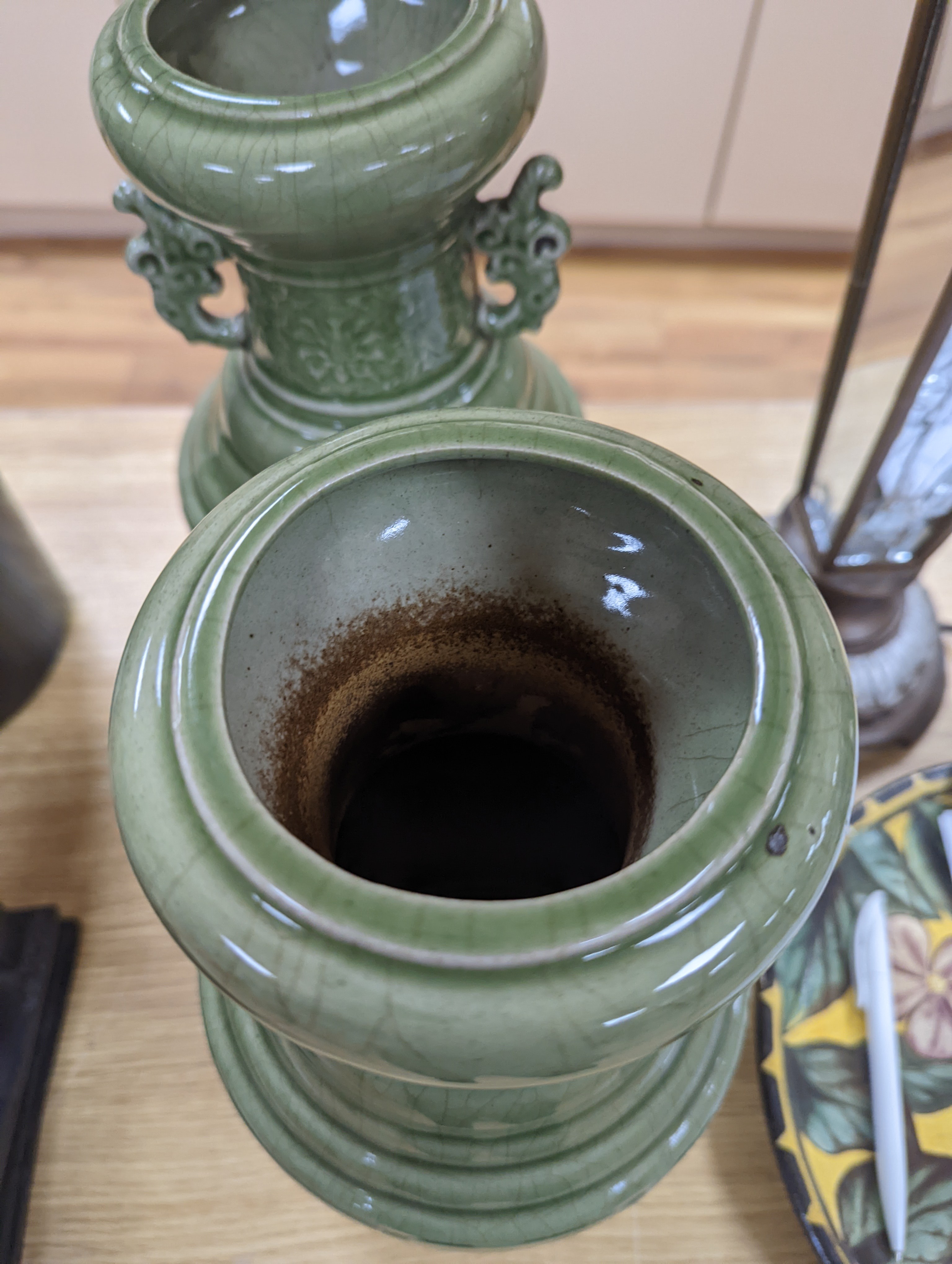 A pair of Chinese celadon glazed vases 35cm